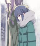  2girls bangs beige_shirt blue_hair blush closed_mouth coat collared_shirt commentary_request elevator eyebrows_visible_through_hair fur_trim green_coat green_jacket grey_scarf hair_down height_difference hooded_coat jacket kagamihara_sakura long_hair long_sleeves looking_down multiple_girls purple_hair scarf shima_rin shiroshi_(denpa_eshidan) shirt violet_eyes white_background winter_clothes yurucamp 