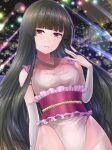  1girl bangs black_hair breasts brown_eyes closed_mouth collarbone covered_navel frills hand_in_hair hime_cut houraisan_kaguya japanese_clothes large_breasts leotard long_hair looking_at_viewer pink_robe revealing_clothes sash smile solo tatami touhou touhou_tag_dream very_long_hair violet_eyes wrestling_outfit y2 