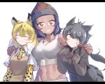  3girls absurdres animal_ears animal_print arm_around_shoulder bangs bare_shoulders beanie black_hair black_leopard_(kemono_friends) blonde_hair blush bow bowtie closed_eyes closed_mouth collarbone collared_shirt constricted_pupils dark-skinned_female dark_skin elbow_gloves extra_ears eyebrows_visible_through_hair eyes_visible_through_hair fang fang_out gloves gm_(ggommu) gorilla_(kemono_friends) hair_between_eyes hand_on_another&#039;s_shoulder hands_up hat height_difference highres kemono_friends leopard_(kemono_friends) leopard_ears leopard_print long_hair medium_hair midriff multicolored_hair multiple_girls necktie orange_eyes pleated_skirt print_gloves print_neckwear shirt short_sleeves side-by-side simple_background skirt smile stomach surprised sweater_vest swept_bangs tank_top white_background white_hair wing_collar yellow_eyes 