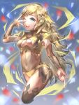  1girl blonde_hair blue_eyes bodystocking breasts bridal_gauntlets fire_emblem fire_emblem_fates highres long_hair looking_at_viewer medium_breasts midriff one_eye_closed open_mouth ophelia_(fire_emblem) outstretched_arm thigh-highs turtleneck upper_body yoshio1107lin 