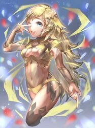  1girl blonde_hair blue_eyes bodystocking breasts bridal_gauntlets fire_emblem fire_emblem_fates highres long_hair looking_at_viewer medium_breasts midriff one_eye_closed open_mouth ophelia_(fire_emblem) outstretched_arm thigh-highs turtleneck upper_body yoshio1107lin 