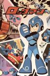  5boys android arm_cannon blue_eyes commentary cover drill_man elec_man energy_beam english_commentary fire_man helmet highres ikehara_shigeto_(style) jordan_gibson mega_man:_fully_charged mega_man_(character) mega_man_(classic) mega_man_(series) multiple_boys open_mouth parody punching retro_artstyle signature skull_man_(mega_man) style_parody tetsuwan_atom weapon 