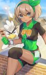  1girl :t bangs bea_(pokemon) blonde_hair blush bodysuit bodysuit_under_clothes bow_hairband breasts clouds collared_shirt commentary_request covered_navel dark-skinned_female dark_skin day dynamax_band eating eyelashes gen_8_pokemon gloves green_bodysuit green_hairband grey_eyes hair_between_eyes hairband highres holding katwo knee_pads looking_at_viewer outdoors partially_fingerless_gloves pokemon pokemon_(creature) pokemon_(game) pokemon_masters_ex print_shirt print_shorts shiny shiny_skin shirt short_hair short_sleeves shorts side_slit side_slit_shorts sirfetch&#039;d sitting skewer sky 