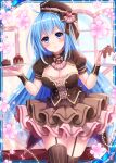  1girl blue_eyes blue_hair breasts brown_dress brown_ribbon cake collaboration dress falkyrie_no_monshou flower food frilled_skirt frills hat heart holding holding_plate holding_teapot indoors looking_at_viewer medium_breasts official_art plate ribbed_hat ribbon shinkai_no_valkyrie skirt smile stardrop striped striped_legwear teapot thigh-highs valentine window 