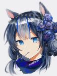  1girl animal_ears arknights bangs blue_eyes blue_hair candy chinese_commentary expressionless eyebrows_visible_through_hair flower food food_in_mouth glaucus_(arknights) hair_flower hair_ornament highres lollipop low_twintails multicolored_hair okasaki_ushio_(03103335) solo streaked_hair twintails 