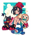  1girl bag bangs beanie black_hair blush_stickers chueog closed_mouth creature eyelashes gen_7_pokemon green_shorts hat highres litten looking_at_viewer pokemon pokemon_(game) pokemon_sm popplio red_headwear rowlet selene_(pokemon) shirt shoes short_shorts short_sleeves shorts shoulder_bag sitting smile starter_pokemon_trio t-shirt yellow_shirt 