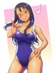  1girl black_hair blue_swimsuit breasts collarbone competition_swimsuit contrapposto cowboy_shot dark_skin grin hand_on_hip highres ijiranaide_nagatoro-san long_hair looking_at_viewer medium_breasts nagatoro_hayase nekusasu one-piece_swimsuit orange_eyes pointing smile solo swimsuit 