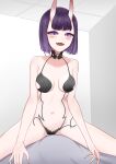  1girl absurdres bangs bare_shoulders bob_cut breasts collarbone eyeliner fangs fate/grand_order fate_(series) girl_on_top highres horns lingwuye looking_at_viewer makeup navel oni oni_horns open_mouth purple_hair revealing_clothes short_hair shuten_douji_(fate) skin-covered_horns small_breasts smile straddling thighs violet_eyes 