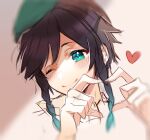  1boy androgynous bangs beret black_hair blue_hair blurry blush braid closed_mouth english_commentary genshin_impact gradient_hair green_eyes green_headwear hat heart heart_hands kokyuu_(youxiangzhou) looking_at_viewer male_focus multicolored_hair one_eye_closed shirt short_hair_with_long_locks simple_background smile solo symbol_commentary twin_braids venti_(genshin_impact) white_background white_shirt 