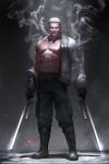  1boy abs artist_name bare_pectorals belt boots cigar dual_wielding full_body gloves goggles goggles_around_neck highres holding in-hyuk_lee jacket male_focus muscular muscular_male one_piece open_clothes open_jacket pectorals scar shiny signature smoke smoker_(one_piece) solo watermark web_address white_hair 