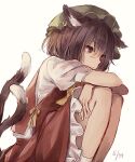  1girl animal_ear_fluff animal_ears bow bowtie brown_eyes brown_hair cat_ears cat_tail chen dated dress earrings expressionless feet_out_of_frame hair_between_eyes hat jewelry knees_up looking_ahead m_(neteitai10) mob_cap multiple_tails nekomata petticoat puffy_short_sleeves puffy_sleeves red_dress short_hair short_sleeves simple_background sitting solo tail touhou two_tails white_background yellow_neckwear 