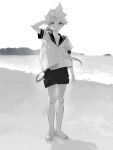  1boy backlighting barefoot bass_clef beach belt collared_shirt commentary full_body greyscale hand_up kagamine_len looking_at_viewer male_focus monochrome mountainous_horizon naoko_(naonocoto) necktie ocean outdoors sailor_collar shadow shirt short_sleeves shorts silhouette solo spiky_hair standing vocaloid 