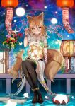  1girl animal animal_ears black_legwear blonde_hair breasts china_dress chinese_clothes commentary_request dress flower fox fox_ears fox_shadow_puppet fox_tail full_body hair_between_eyes highres kudamaki_tsukasa large_breasts liya looking_at_viewer mouth_hold short_hair short_sleeves sitting solo tail thigh-highs thighs touhou white_dress yellow_eyes 