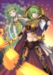  2girls armored_boots bangs blurry blurry_background boots braid breasts brown_legwear brown_shorts byleth_(fire_emblem) byleth_eisner_(female) cape circlet closed_mouth commentary_request cowboy_shot dagger emblem eyebrows_visible_through_hair fire_emblem fire_emblem:_three_houses green_eyes green_hair groin hair_between_eyes hair_ornament hair_ribbon highres holding holding_sword holding_weapon knee_boots large_breasts leg_garter long_hair looking_at_viewer midriff multiple_girls navel pantyhose patterned_clothing pointy_ears purple_cape ribbon ribbon_braid short_shorts shorts side_braids sidelocks smile sothis_(fire_emblem) standing sword sword_of_the_creator tiara tokisake_masoho twilight twin_braids two-tone_cape underbust vambraces weapon white_cape 
