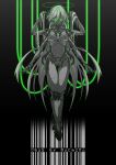  1girl 310o_sugar android arms_at_sides barcode colored_skin english_commentary extra_arms eyebrows_visible_through_hair full_body glowing glowing_eyes green_eyes green_theme grey_hair grey_skin hair_between_eyes halo hands_in_hair highres joints long_hair navel original piston robot_joints smirk solo tube very_long_hair 