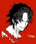  1boy ? freckles grin looking_at_viewer male_focus monochrome one_piece pigeon666 portgas_d._ace portrait red_background red_theme sanpaku short_hair simple_background smile solo 