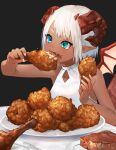  1girl aqua_eyes bangs bare_arms bare_shoulders black_background blue_eyes brown_wings collarbone commentary_request curled_horns dark-skinned_female dark_skin demon_girl demon_horns demon_wings eating food food_on_face fried_chicken highres holding holding_food horns meat nail_polish nima_(niru54) original plate pointy_ears shirt short_hair signature sleeveless sleeveless_shirt steak thick_eyebrows white_hair white_nails white_shirt wings 