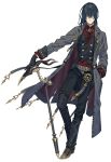  1boy belt black_hair black_pants brown_footwear cane chain coat gold_chain gold_trim grey_eyes grimms_notes highres horns long_hair official_art pale_skin pants skeleton solo trench_coat white_background zaza_(x-can01) 