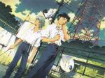  2boys absurdres chain-link_fence clouds color_halftone dutch_angle earphones fence from_below highres ikari_shinji male_focus multiple_boys nagisa_kaworu neon_genesis_evangelion official_art outdoors parabolic_antenna pipe rust scan shirt sony white_shirt 
