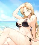  1girl arm_support arm_up bangs beach bikini black_bikini blonde_hair blush breasts commission day dripping green_eyes hand_on_own_head highres horizon knee_up large_breasts lillly long_hair looking_at_viewer mole mole_under_eye navel ocean on_ground open_mouth original outdoors parted_bangs side-tie_bikini sitting skindentation string_bikini swimsuit wet 