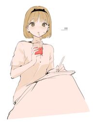  ! !! 1girl absurdres blonde_hair blush bob_cut cup drinking_glass drinking_straw green_eyes hairband highres holding looking_at_viewer medium_hair mole mole_under_eye mouth_hold original oyabuli shirt short_sleeves simple_background sipping sitting solo spill white_background writing 