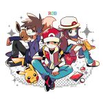  1girl 2boys bangs baseball_cap black_pants black_wristband blue_oak brown_hair chueog closed_mouth eevee eyelashes gen_1_pokemon hat highres holding holding_poke_ball jacket leaf_(pokemon) leg_warmers long_hair multiple_boys pants pikachu pleated_skirt poke_ball poke_ball_(basic) pokedex pokemon pokemon_(creature) pokemon_(game) pokemon_frlg purple_shirt red_(pokemon) red_headwear red_skirt shirt shoes sitting skirt spiky_hair spread_legs vs_seeker white_footwear white_headwear wristband yellow_bag 