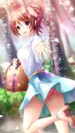  1girl :d bag bangs blue_skirt brown_hair cherry_blossoms day doukyuusei_2 doukyuusei_another_world eyebrows_visible_through_hair flower game_cg hair_between_eyes hair_flower hair_intakes hair_ornament holding holding_bag leg_up long_hair long_sleeves looking_at_viewer looking_back miniskirt official_art open_mouth outdoors outstretched_hand panties pantyhose pink_flower pink_panties red_eyes running satozaki_minatsu shiny shiny_hair shirt side_ponytail skirt skirt_lift smile solo spring_(season) sunlight tree underwear white_shirt 