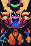  1girl absurdres arm_cannon blonde_hair blue_eyes bodysuit dark_background helmet highres long_hair looking_at_viewer metroid mole mole_under_mouth rariatto_(ganguri) samus_aran serious shaded_face solo varia_suit weapon zero_suit 