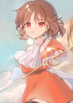  1girl absurdres bangs brown_hair clouds half_updo highres holding holding_wand huge_filesize jewelry long_sleeves looking_ahead necklace omodaka_romu open_mouth original red_eyes red_shirt red_skirt scarf shirt short_hair skirt skirt_set sky tied_hair upper_body waist_bow wand 