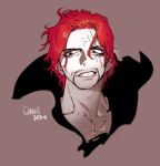  1boy brown_background character_name facial_hair goatee grin hair_between_eyes male_focus one_piece pigeon666 redhead sanpaku scar scar_across_eye shanks short_hair signature simple_background smile solo stubble 