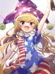  1girl absurdres american_flag_dress american_flag_legwear arm_up blonde_hair clownpiece dress fairy_wings hat highres holding jester_cap long_hair looking_at_viewer neck_ruff open_mouth pantyhose polka_dot purple_headwear shikasui short_sleeves simple_background smile solo star_(symbol) star_print striped torch touhou very_long_hair violet_eyes wavy_hair white_background wings 