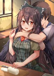  1boy 1girl :d alternate_costume bangs bird_wings black_bow black_wings bow brown_hair cooking eyebrows_visible_through_hair food green_bow hair_between_eyes hair_bow highres holding_another hug indoors jewelry knife light_rays long_hair open_mouth red_eyes reiuji_utsuho ring shirt short_hair short_sleeves smile striped_apron third_eye torottye touhou upper_body wedding_ring white_shirt window wings 