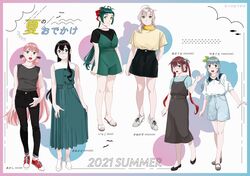  2021 6+girls akashi_(kancolle) alternate_costume antenna_hair asagumo_(kancolle) bangs black_hair blonde_hair blue_eyes bow breasts brown_hair character_name closed_mouth denim denim_shorts green_eyes green_hair grey_hair hair_bow hair_ribbon highres irako_(kancolle) kantai_collection kinugasa_(kancolle) long_hair multiple_girls ojipon ooyodo_(kancolle) open_mouth pants pink_hair ponytail ribbon sandals shirt shoes short_sleeves shorts sidelocks simple_background sleeveless smile sneakers standing translation_request tress_ribbon twintails yamagumo_(kancolle) 