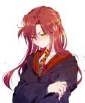  1girl blush crossed_arms ginny_weasley gryffindor hair_between_eyes harry_potter long_hair looking_down necktie nipye pout redhead robe solo white_background yellow_eyes 