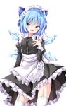  (9) 1girl :d alternate_costume apron bangs blue_bow blue_eyes blue_hair bow cirno cowboy_shot eyebrows_visible_through_hair fang garter_straps hair_bow hands_on_own_chest highres ice ice_wings juliet_sleeves kuraaken long_sleeves looking_at_viewer maid maid_headdress open_mouth puffy_sleeves short_hair simple_background skin_fang smile solo standing thigh-highs touhou white_apron white_background white_legwear wings 