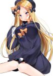  1girl abigail_williams_(fate) alternate_breast_size bangs black_bow black_dress black_headwear blonde_hair blue_eyes blush bow breasts dress fate/grand_order fate_(series) forehead hair_bow large_breasts long_hair long_sleeves looking_at_viewer multiple_bows nenobi_(nenorium) older open_mouth orange_bow parted_bangs sleeves_past_fingers sleeves_past_wrists 