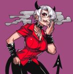  1girl black_choker black_nails black_pants breasts choker cigarette demon_girl demon_tail ear_piercing gaak11977 hair_over_one_eye hand_in_pocket helltaker korean_commentary large_breasts leather leather_pants lip_piercing lips looking_at_viewer nose_piercing pants piercing red_eyes red_shirt sharp_teeth shirt short_hair smoking tail teeth zdrada_(helltaker) 