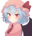  1girl aoi_(annbi) bat_wings blue_hair blush commentary_request hat hat_ribbon highres looking_at_viewer mob_cap pink_headwear pink_shirt pointy_ears red_eyes red_neckwear red_ribbon remilia_scarlet remodel_(kantai_collection) ribbon shirt solo touhou upper_body white_background wings 