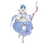  1girl absurdres bangs blue_eyes blue_hair bow_(weapon) commentary dress fire_emblem fire_emblem:_the_binding_blade fire_emblem_heroes full_body hair_ornament highres holding holding_bow_(weapon) holding_weapon official_art shanna_(fire_emblem) short_hair simple_background solo weapon wedding_dress white_dress 