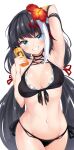  1girl arm_up armpits azur_lane bangs bare_arms bare_shoulders bikini black_bikini black_hair blue_eyes blush breasts commentary cowboy_shot deutschland_(azur_lane) deutschland_(service_time?!)_(azur_lane) eyebrows_visible_through_hair flower front-tie_bikini front-tie_top grin groin hair_flower hair_ornament hand_up hibiscus highres holding irohara long_hair looking_at_viewer manjuu_(azur_lane) medium_breasts mole multicolored_hair navel official_alternate_costume red_flower redhead revision sharp_teeth side-tie_bikini simple_background smile solo standing stomach streaked_hair swimsuit teeth very_long_hair white_background white_hair 
