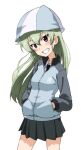  1girl alternate_hairstyle anchovy_(girls_und_panzer) bangs bare_legs blue_headwear blue_jacket blue_skirt cosplay cowboy_shot eyebrows_visible_through_hair girls_und_panzer green_hair grin hair_down hands_in_pockets hat head_tilt jacket kayabakoro keizoku_military_uniform long_hair long_sleeves looking_at_viewer mika_(girls_und_panzer) mika_(girls_und_panzer)_(cosplay) military military_uniform miniskirt pleated_skirt raglan_sleeves red_eyes simple_background skirt smile solo standing track_jacket tulip_hat uniform white_background 