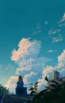  1girl air_conditioner black_hair blue_sky blurry blurry_foreground clouds commentary_request cumulonimbus_cloud evening facing_away grey_hoodie highres hood hood_down hoodie ladder moon original outdoors plank railing rooftop scenery shuu_illust sitting sky solo tree wide_shot 