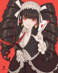  1girl black_hair black_jacket black_nails bonnet breasts card celestia_ludenberg claw_ring closed_mouth dangan_ronpa:_trigger_happy_havoc dangan_ronpa_(series) drill_hair earrings frilled_sleeves frills gothic_lolita hand_up highres holding holding_card jacket jewelry jivke lolita_fashion long_sleeves looking_at_viewer medium_breasts nail_polish necktie red_eyes red_neckwear smile solo twin_drills 