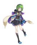  1girl arms_behind_back bangs belt belt_pouch black_dress blue_eyes blush boots cape covered_collarbone detached_sleeves dress eyebrows_visible_through_hair feather_trim fire_emblem fire_emblem:_the_blazing_blade fire_emblem_heroes full_body gold_trim green_hair hair_ornament hairband highres hiny hood hood_down hooded_cape leg_up long_sleeves looking_at_viewer nino_(fire_emblem) official_art open_mouth pouch shiny shiny_hair shiori_(xxxsi) short_dress short_hair smile solo transparent_background 