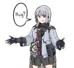  1girl bangs breasts cowboy_shot denyel english_text eyebrows_visible_through_hair girls_frontline gloves highres looking_afar open_mouth rpk-16_(girls_frontline) short_hair silver_hair simple_background smile solo speech_bubble violet_eyes white_background 