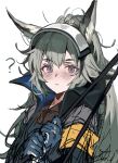  1girl :&lt; animal_ears aogisa arknights blue_gloves gloves grani_(arknights) grey_hair highres holding holding_weapon horse_ears jacket long_hair looking_at_viewer simple_background sketch solo upper_body violet_eyes visor_cap weapon white_background 
