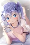  1girl alternate_hairstyle bangs barefoot blue_eyes blue_hair blurry blurry_background blush cellphone closed_mouth collarbone commentary_request depth_of_field dutch_angle eyebrows_visible_through_hair gochuumon_wa_usagi_desu_ka? gradient_hair hair_between_eyes hair_ornament highres holding holding_phone kafuu_chino long_hair looking_at_viewer lying multicolored_hair natuna_natu on_stomach phone pillow purple_hair shirt short_sleeves soles solo twintails wavy_mouth white_shirt x_hair_ornament 