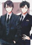  2boys black_hair black_jacket black_neckwear brown_eyes brown_hair formal glasses hand_in_pocket hand_on_hip jacket long_sleeves looking_at_viewer male_focus multiple_boys necktie original police standing striped_suit suit ueno_haruki 