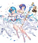 2girls bangs bare_shoulders bell blue_eyes blue_hair breasts catria_(fire_emblem) closed_mouth detached_collar dress feather_trim fire_emblem fire_emblem:_mystery_of_the_emblem fire_emblem:_the_binding_blade fire_emblem_echoes:_shadows_of_valentia fire_emblem_heroes flower full_body hair_ornament highres kakage medium_breasts multiple_girls official_art shiny shiny_hair short_hair simple_background strapless strapless_dress thea_(fire_emblem) transparent_background wedding_dress white_dress white_footwear 