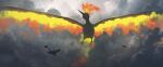  1other absurdres asteroid_ill bird closed_mouth clouds commentary_request dragonite fire flygon gen_1_pokemon gen_3_pokemon giant highres huge_filesize legendary_pokemon moltres pokemon pokemon_(creature) riding_pokemon 
